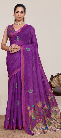 Purple and Violet color Saree in Linen fabric with Printed, Weaving, Zari work
