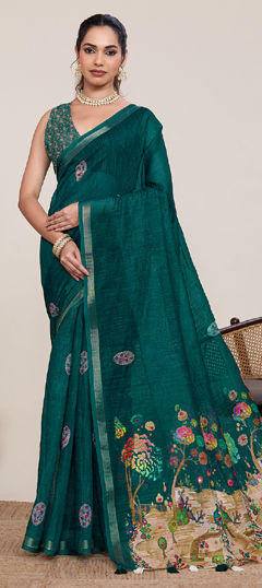 Green color Saree in Linen fabric with Printed, Weaving, Zari work