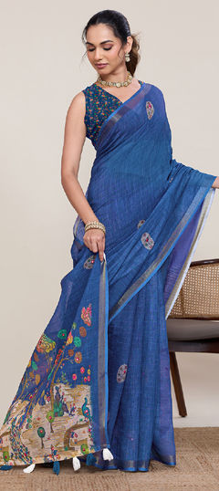 Blue color Saree in Linen fabric with Printed, Weaving, Zari work