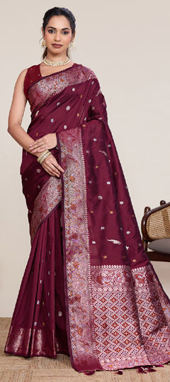Red and Maroon color Saree in Art Silk fabric with Weaving, Zari work