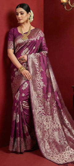 Purple and Violet color Saree in Blended fabric with Weaving work
