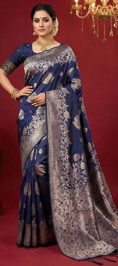 Blue color Saree in Blended fabric with Weaving work