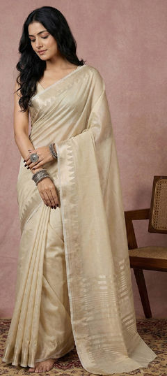 White and Off White color Saree in Cotton fabric with Weaving work