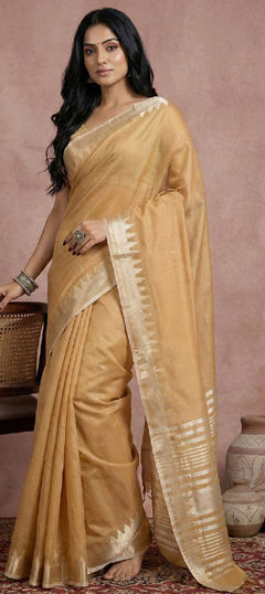Gold color Saree in Cotton fabric with Weaving work