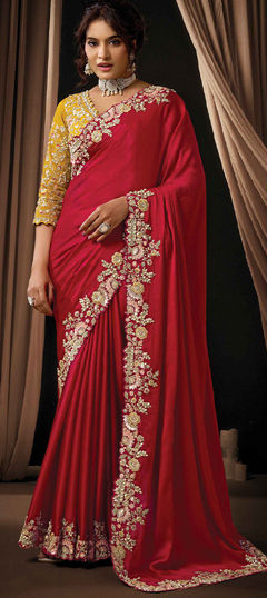 Red and Maroon color Saree in Satin Silk fabric with Embroidered, Moti, Sequence work