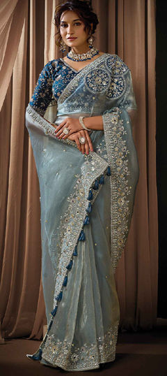 Black and Grey color Saree in Organza Silk, Satin fabric with Embroidered, Moti, Sequence work