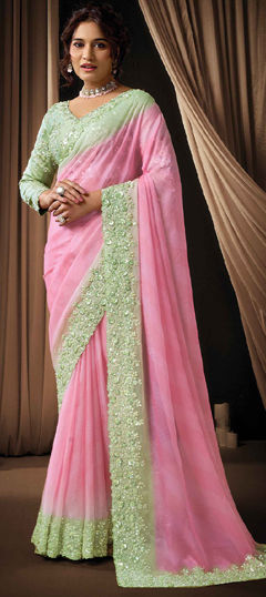 Green, Pink and Majenta color Saree in Georgette fabric with Embroidered, Moti, Sequence, Stone work
