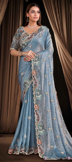 Blue color Saree in Satin Silk fabric with Embroidered, Moti, Sequence work