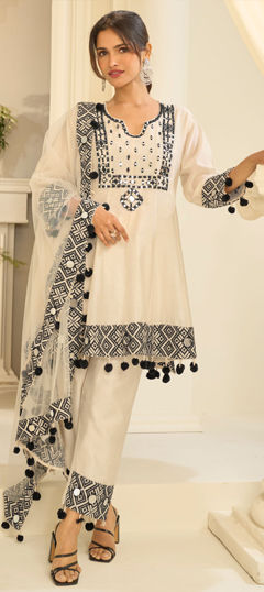 Beige and Brown color Salwar Kameez in Silk fabric with Embroidered, Mirror, Thread work