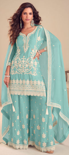Blue color Salwar Kameez in Chinon Silk fabric with Embroidered, Sequence, Thread work