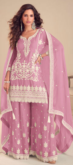 Pink and Majenta color Salwar Kameez in Chinon Silk fabric with Embroidered, Sequence, Thread work