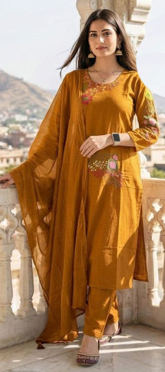 Yellow color Salwar Kameez in Cotton fabric with Embroidered, Thread work
