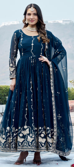 Blue color Gown in Faux Georgette fabric with Embroidered, Sequence work