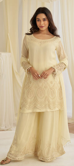 Beige and Brown color Salwar Kameez in Crepe Silk fabric with Bugle Beads, Embroidered, Mirror, Sequence work