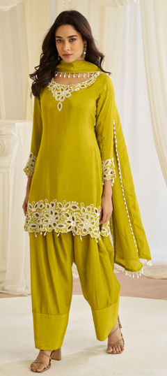 Yellow color Salwar Kameez in Crepe Silk fabric with Bugle Beads, Embroidered, Mirror, Sequence work