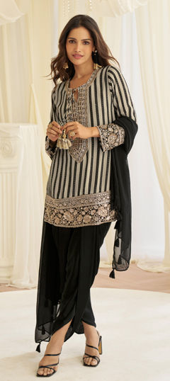 White and Off White color Salwar Kameez in Crepe Silk fabric with Bugle Beads, Embroidered, Mirror, Sequence work