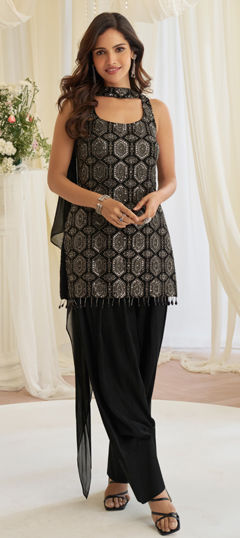 Black and Grey color Salwar Kameez in Crepe Silk fabric with Bugle Beads, Embroidered, Mirror, Sequence work