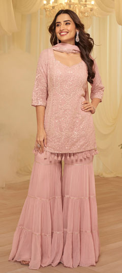 Pink and Majenta color Salwar Kameez in Georgette fabric with Bugle Beads, Embroidered, Sequence, Stone work
