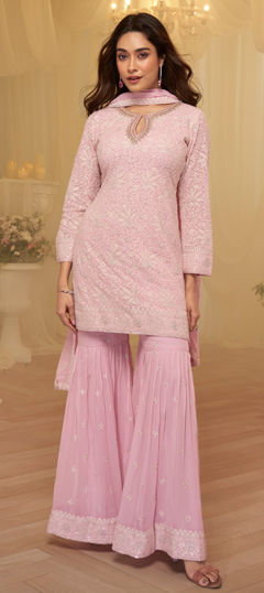 Pink and Majenta color Salwar Kameez in Georgette fabric with Bugle Beads, Embroidered, Sequence, Stone work