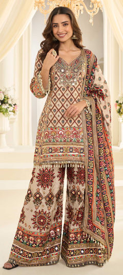 Beige and Brown color Salwar Kameez in Crepe Silk fabric with Aari, Bugle Beads, Embroidered, Gota Patti, Printed, Sequence work