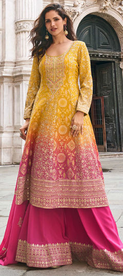 Pink and Majenta, Yellow color Salwar Kameez in Jacquard fabric with Embroidered, Printed, Sequence work