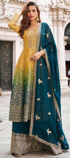 Blue, Yellow color Salwar Kameez in Jacquard fabric with Embroidered, Printed, Sequence work