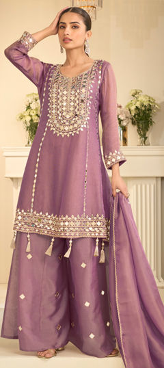 Purple and Violet color Salwar Kameez in Silk fabric with Embroidered, Mirror, Zari work