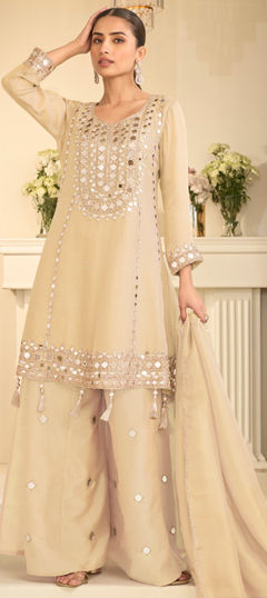 Beige and Brown color Salwar Kameez in Silk fabric with Embroidered, Mirror, Zari work