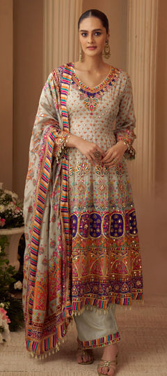 Multicolor color Salwar Kameez in Crepe Silk fabric with Aari, Bugle Beads, Embroidered, Gota Patti, Printed, Sequence work