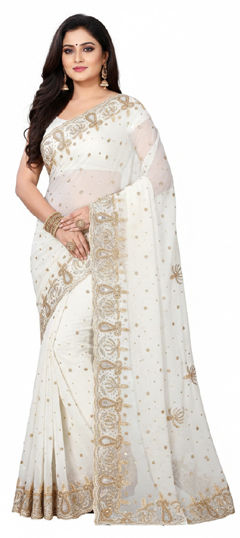 White and Off White color Saree in Georgette fabric with Zircon work