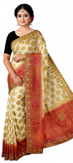 Beige and Brown color Saree in Kanjeevaram Silk fabric with Embroidered, Zari, Zircon work