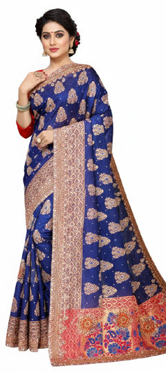 Blue color Saree in Kanjeevaram Silk fabric with Embroidered, Zari, Zircon work