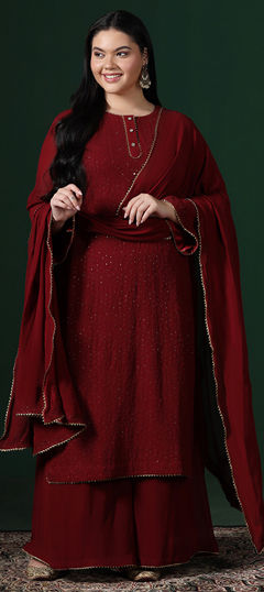 Red and Maroon color Salwar Kameez in Georgette fabric with Embroidered, Mukesh work