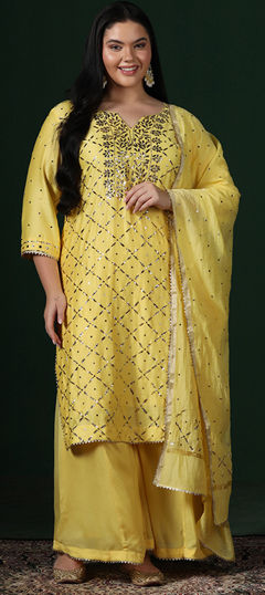 Yellow color Salwar Kameez in Chanderi Silk fabric with Mukesh work