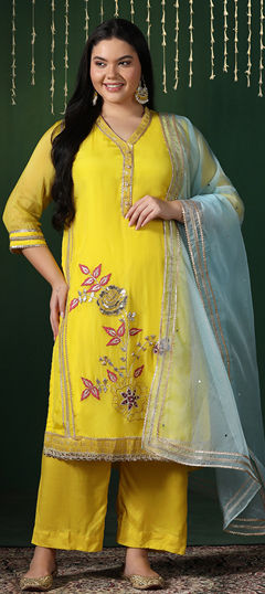Yellow color Salwar Kameez in Organza Silk fabric with Gota Patti, Patch, Resham, Thread work