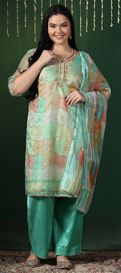 Multicolor color Salwar Kameez in Organza Silk fabric with Bugle Beads, Sequence work