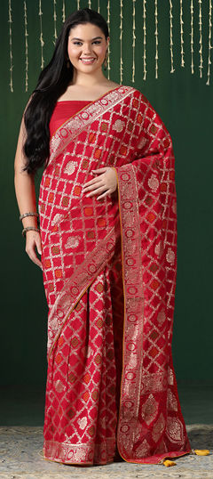 Red and Maroon color Readymade Saree in Georgette fabric with Bandhej, Printed, Weaving, Zari work