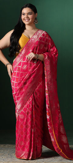 Red and Maroon color Readymade Saree in Georgette fabric with Bandhej, Printed, Weaving, Zari work