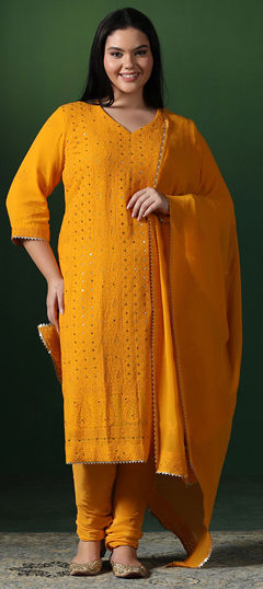 Yellow color Salwar Kameez in Georgette fabric with Embroidered, Mukesh work