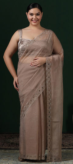 Gold color Readymade Saree in Chiffon fabric with Embroidered, Stone, Thread work