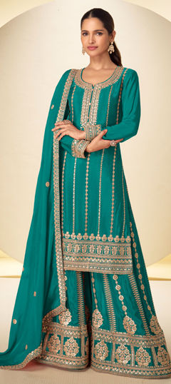 Blue color Salwar Kameez in Chinon Silk fabric with Embroidered, Sequence work