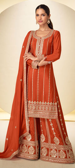 Orange color Salwar Kameez in Chinon Silk fabric with Embroidered, Sequence work