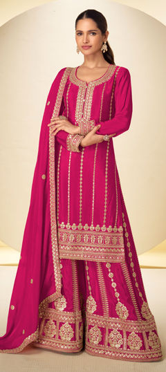 Pink and Majenta color Salwar Kameez in Chinon Silk fabric with Embroidered, Sequence work
