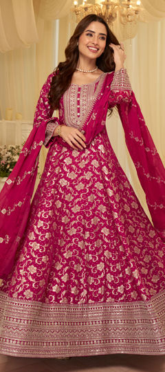 Pink and Majenta color Gown in Viscose fabric with Bugle Beads, Embroidered, Sequence work