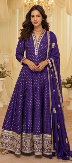 Purple and Violet color Gown in Viscose fabric with Bugle Beads, Embroidered, Sequence work