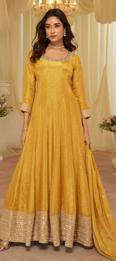 Yellow color Gown in Viscose fabric with Bugle Beads, Embroidered, Sequence work