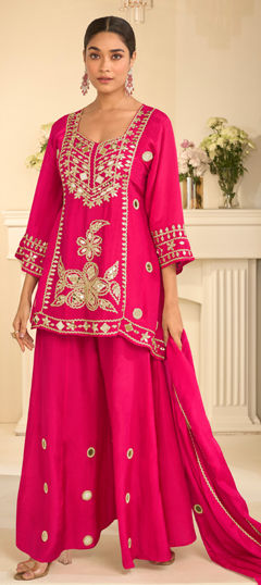 Pink and Majenta color Salwar Kameez in Chinon Silk fabric with Embroidered, Mirror, Zari work