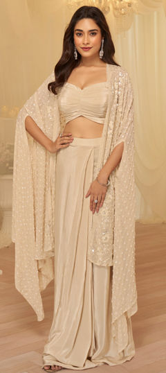 Beige and Brown color Salwar Kameez in Georgette fabric with Bugle Beads, Embroidered, Sequence, Stone work
