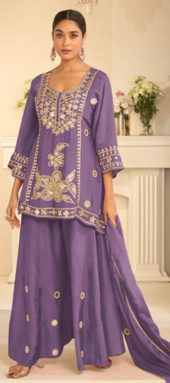 Purple and Violet color Salwar Kameez in Chinon Silk fabric with Embroidered, Mirror, Zari work