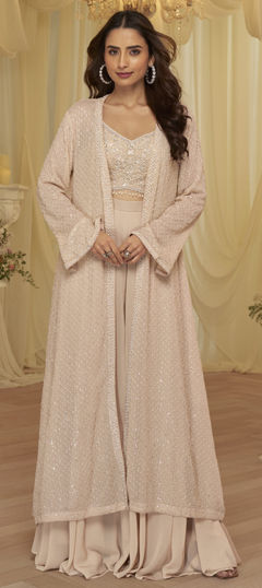 Pink and Majenta color Salwar Kameez in Georgette fabric with Bugle Beads, Embroidered, Sequence, Stone work